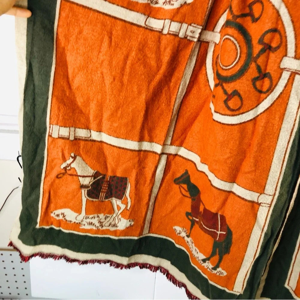 Large Equestrian Novelty Luxury Scarf Shawl Horse Orange Green Fall Autumn Wrap